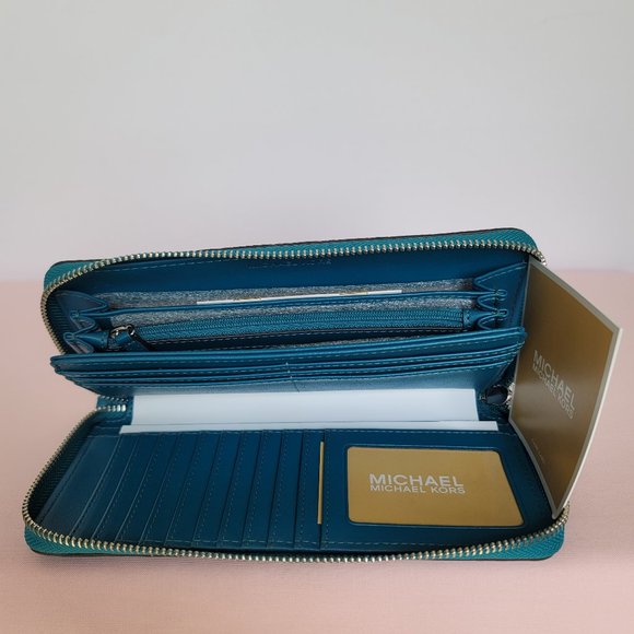 MICHAEL KORS Jet Set Travel Large Continental Pebbled Leather Wallet-Lagoon⭐ - Picture 12 of 16
